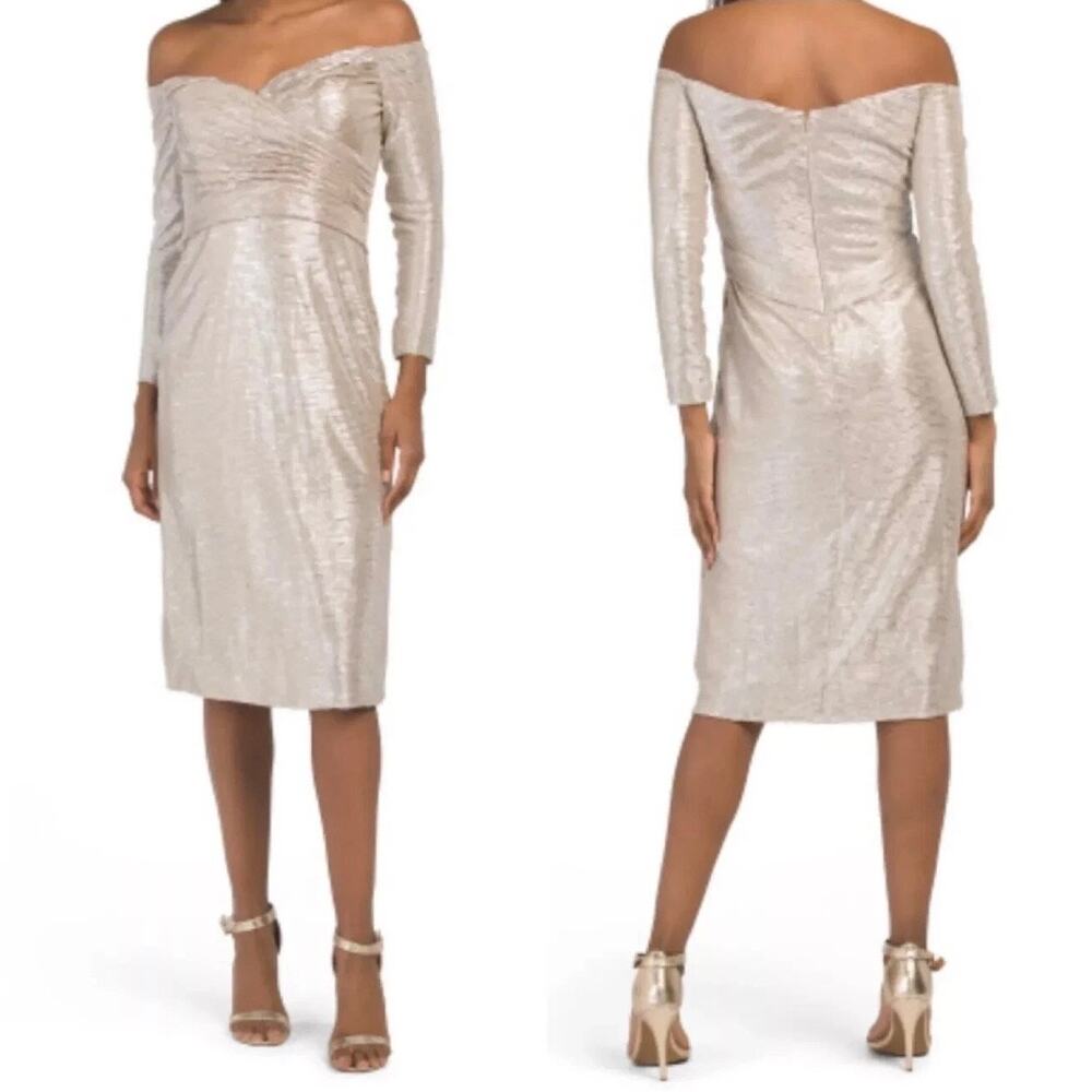 NWT Rene Ruiz Metallic Champagne Off Shoulder Cocktail Dress Size 4